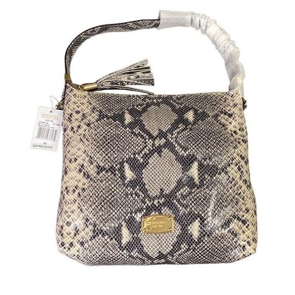 Michael Kors Purse Bedford Dark Sand Embossed Leather Snakeskin Shoulder Bag NWT - Picture 1 of 10